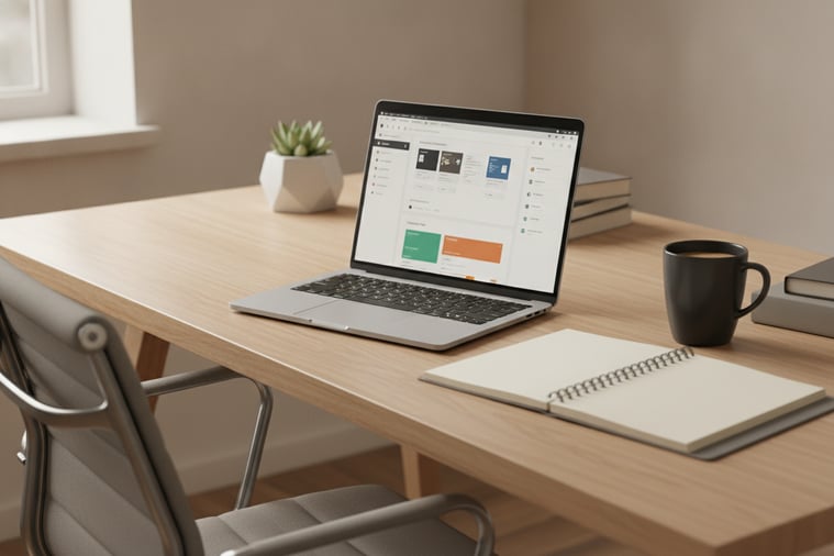 Modern home office desk with a laptop open to a WordPress dashboard and a notebook beside it